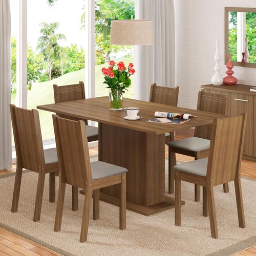Conjunto Sala de Jantar Madesa Megan Mesa Tampo de Madeira com 6 Cadeiras - Rustic/Sintético Bege