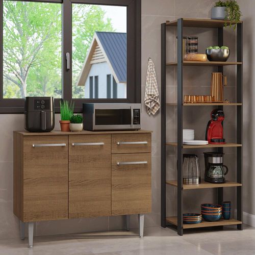 Kit Cozinha Balcão Gabinete 3 Portas 1 Gaveta e Armário Cozinha Despensa 5 Prateleiras Rustic/Preto