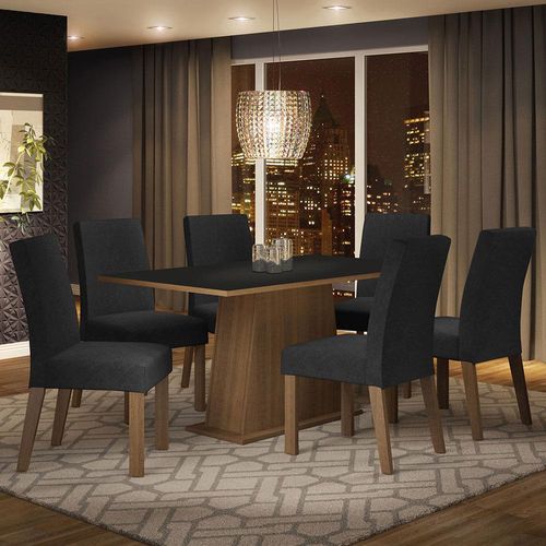 Conjunto Sala de Jantar Mesa Tampo de Madeira  6 Cadeiras Rustic/Preto/Oxford Luciana Madesa