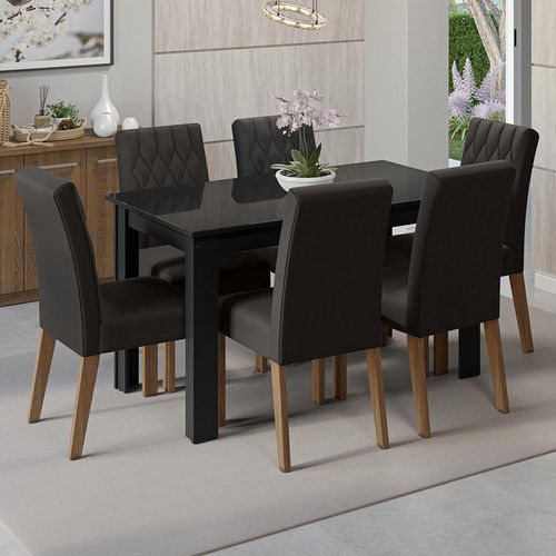 Conjunto Sala de Jantar Mesa Tampo de Vidro 6 Cadeiras Rustic/Preto/Oxford Odara Madesa