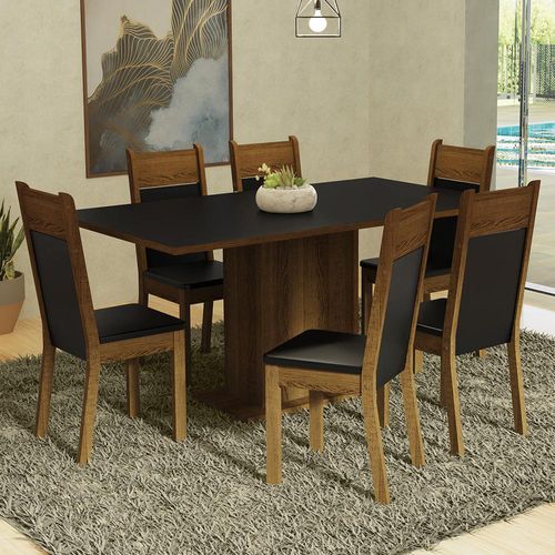 Conjunto Sala de Jantar Mesa Tampo de Madeira 6 Cadeiras Preto/Rustic Augusta Madesa