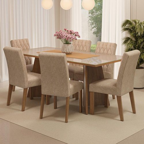 Conjunto Sala de Jantar Mesa Tampo de Vidro 6 Cadeiras Rustic/Crema/Imperial Marissa Madesa