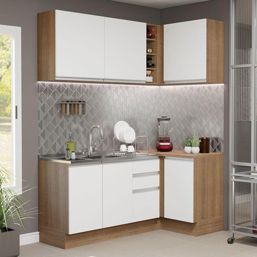 Cozinha Compacta de Canto Madesa Glamy 269001 com Armário e Balcão (Sem Tampo e Pia) - Rustic/Branco