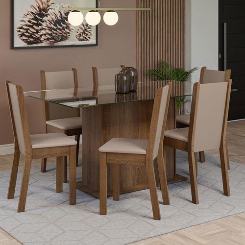Conjunto Sala de Jantar Mesa Tampo de Vidro 6 Cadeiras Rustic/Crema/Sintético Bege Yolanda Madesa