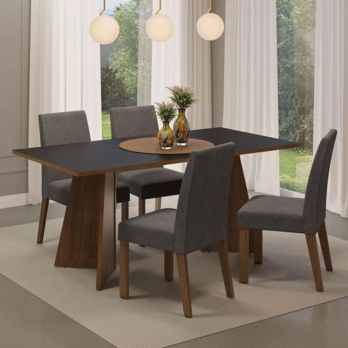 Conjunto Sala de Jantar Mesa Tampo de Madeira 4 Cadeiras Rustic/Preto/Silver April Madesa