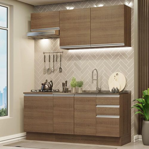 Cozinha Compacta Madesa Glamy 180007 com Armário e Balcão (Sem Tampo e Pia) - Rustic