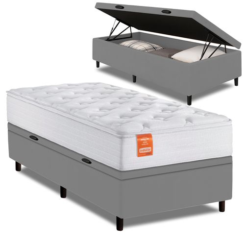 Cama Box Baú Colchão Solteiro Molas Ensacadas Real 88x188x68cm Branco / Cinza Inducol - Suporta até