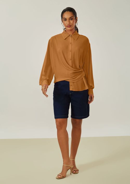 Camisa Maria.Valentina Solta Gola Tradicional Manga Longa Padrão Marrom