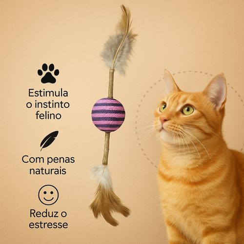 Brinquedo Interativo para Gatos Bola de Poliéster com Haste de Madeira e Penas 25x4cm