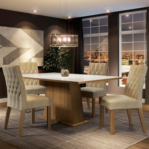 Sala de Jantar Grazi Mesa Tampo de Vidro 4 Cadeiras Madesa