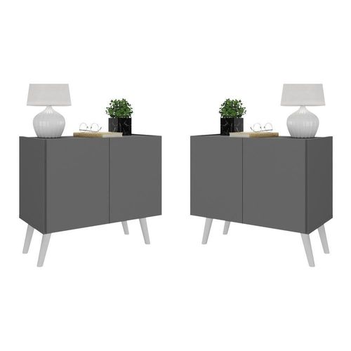 Kit 2 Mesas De Cabeceira Retrô 2 Portas Mp4138 Grafite branco