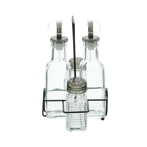 Conjunto Galheteiro de Vidro Lyor 4 Peças com Suporte de Metal Preto Frascos 200ml e 80ml