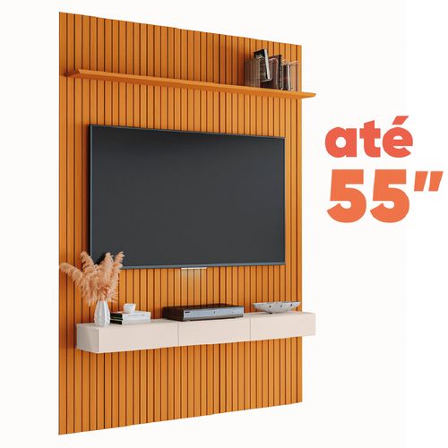 Painel para TV até 55 Polegadas 1,39x2,40m Ripado com Nicho Arbo Cedro/Off White EDN