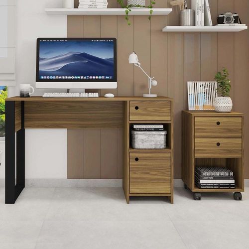 Kit Conjunto Escritório Mesa E Gaveteiro Marrom Sky Caemmun