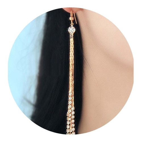 Brinco Feminino Franja Longo Fino Elegante Strass Dourado