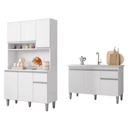 Balcão De Pia Tatiane 120 Cm E Armário Cozinha Kit Márcia Branco Brilho - Ajl