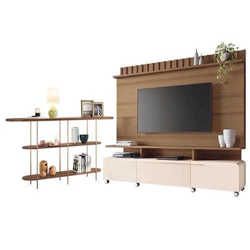 Estante Home Theater Artís Off White Castanho E Aparador Infinity Castanho - Hb Móveis