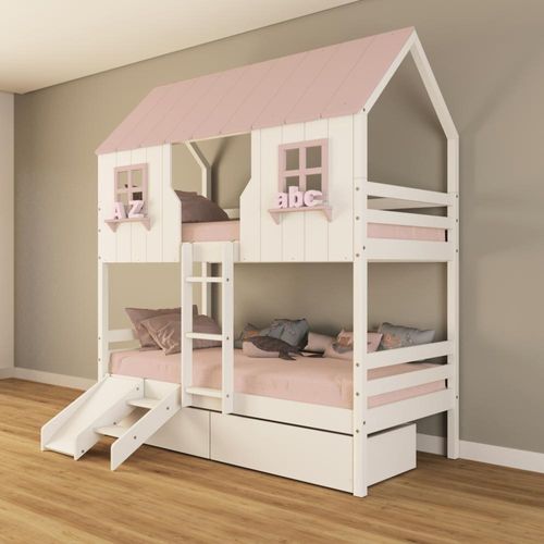 Beliche Casinha 2 Gavetas Escada Escorregador Branco Rosa