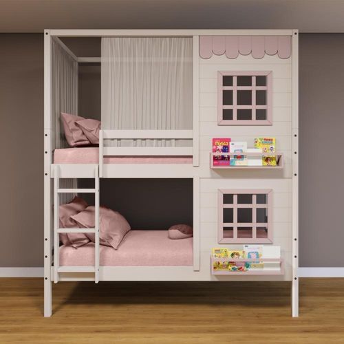 Beliche Casinha 2 Janelas Cortina Madeira Branco-Rosa