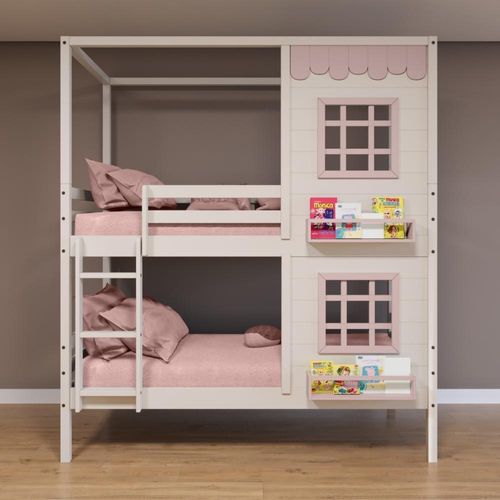 Beliche Casinha Reta 2 Janelas Madeira Branco/Rosa