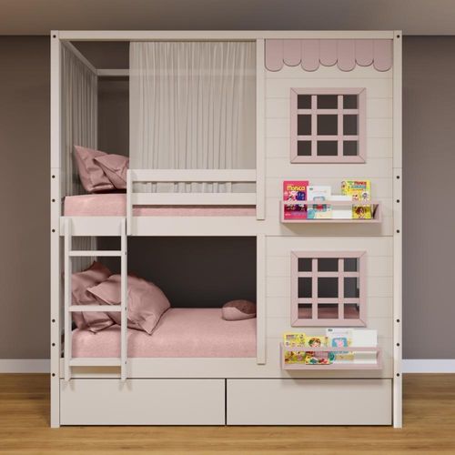 Beliche Casinha Reta 2 Janelas 2 Gavetas Cortina Branco Rosa