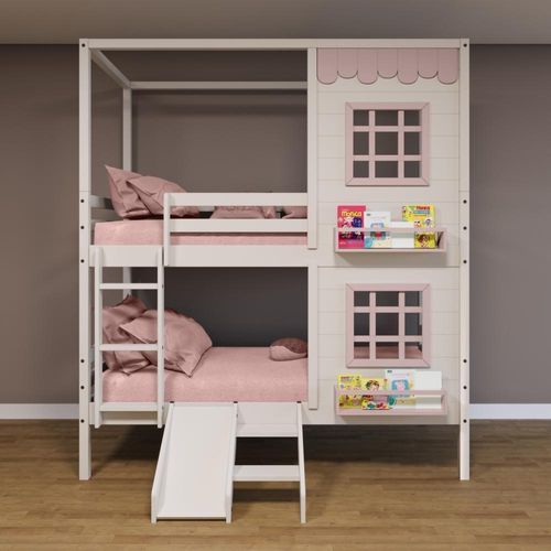 Beliche Casinha Reta 2 Janelas Escorregador Branco Rosa
