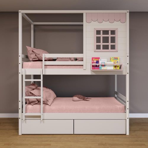 Beliche Casinha Reta 2 Gavetas Madeira Branco/Rosa