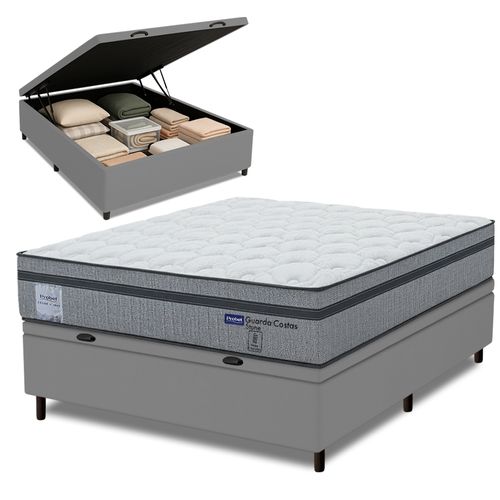 Cama Box Baú Casal Probel Molas Ensacadas Euro In 138x188x71cm Guarda Costas Stone Branco/Cinza