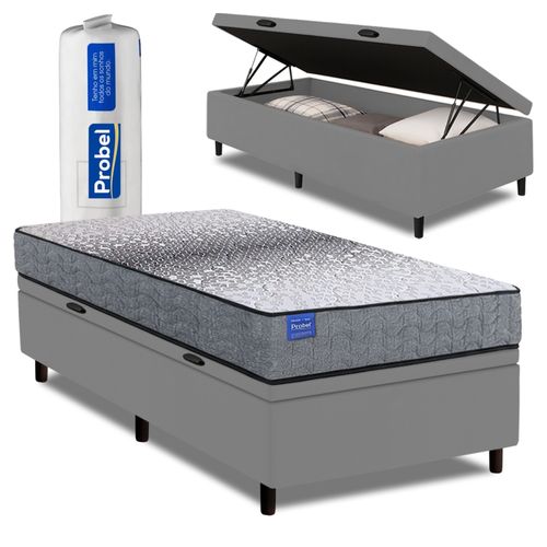 Cama Box Baú Solteiro Probel Molas Ensacadas 88x188x67 Day Springs a Vácuo Branco/Cinza