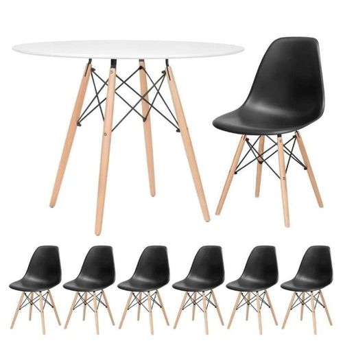 Conjunto De Mesa Redonda Eames 100cm Branco + 6 Cadeiras Eiffel Dsw Preto