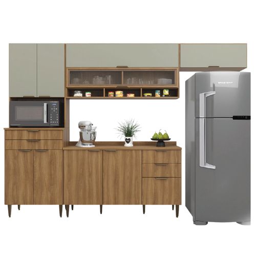 Armário de Cozinha Completa Com Balcão Nicho Para Micro Ondas 9 Portas 5 Gavetas Paris Nogal/Verde B