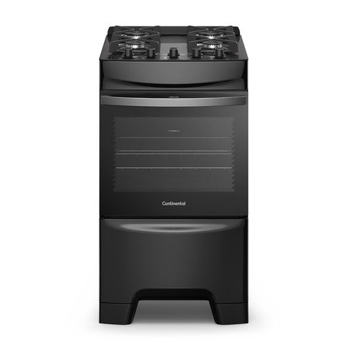 Fogão Continental 4 Bocas FC4GB Preto com Mesa de Vidro, Forno Eco Turbo e Grades de Ferro Fundido – Bivolt