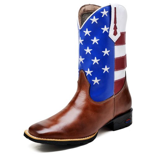 Bota Country Texana Masculina Couro Legítimo Bandeira Usa Fakcini - 2504 - Whisky
