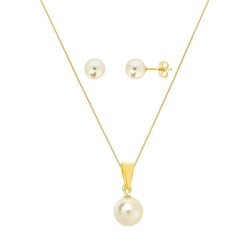 Conjunto de Colar e Brinco de Pérolas banhado em ouro 18k