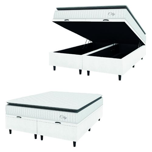 Cama Box Colchão Baú Casal King Molas Ensacadas City Pillow Top 193x203x64cm Linho Branco/Cinza