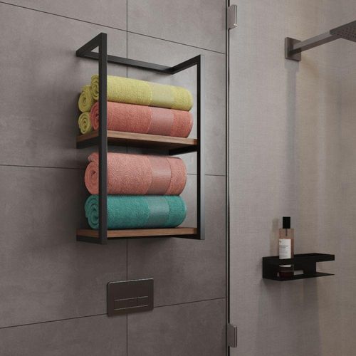 Toalheiro Para Banheiro Estilo Industrial Sahy Preto E Prateleira Imbuia Preto