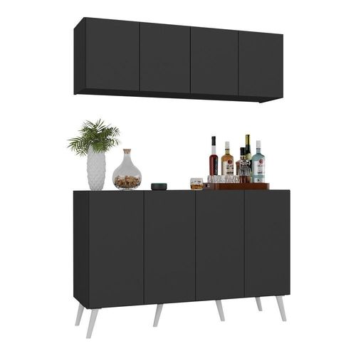 Kit Bar Armário Aéreo Aparador 4 Portas Mp1086 Preto/branco