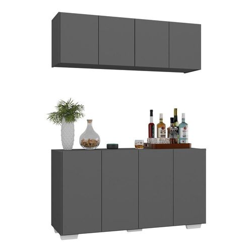 Kit Bar Armário Aéreo Aparador 4 Portas Mp1087 Grafite/branco