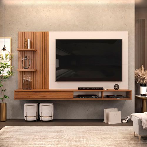 Painel para TV até 60 Polegadas Ripado com Nichos Dj Moveis Bento Freijó Off White
