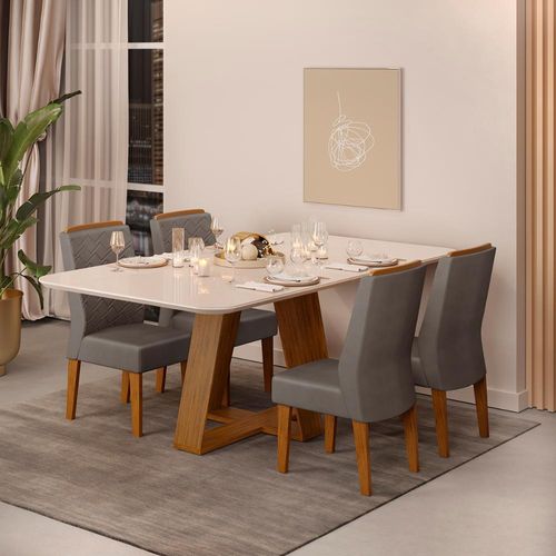 Conjunto de Sala de Jantar 4 Cadeiras Tampo Curvo Dj Moveis Kiara Freijó Lidia Lunar