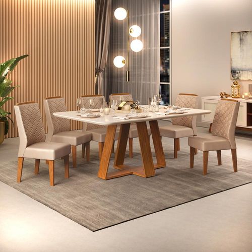 Conjunto de Sala de Jantar 6 Cadeiras Tampo Curvo Dj Moveis Kiara Freijó Lidia Kraft