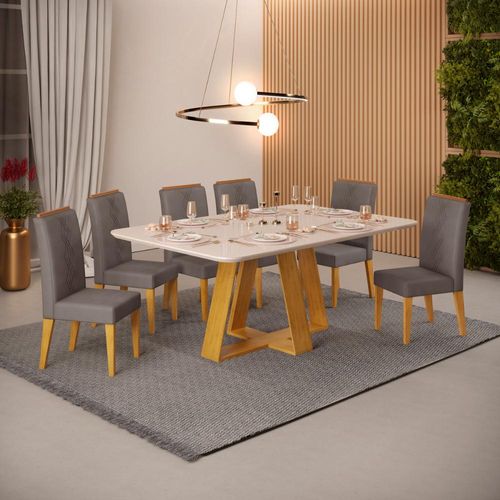 Conjunto Sala de Jantar 6 Cadeiras Tampo Curvo DJ Móveis Kiara Cedro Yasmin Veludo Lunar