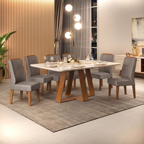 Conjunto de Sala de Jantar 6 Cadeiras Tampo Curvo Dj Moveis Kiara Freijó Lidia Lunar