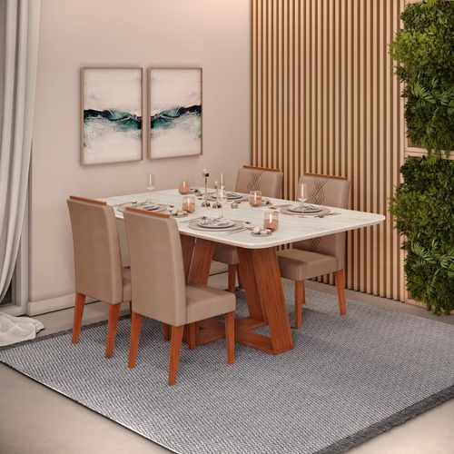 Conjunto Sala de Jantar 4 Cadeiras Tampo Sem Vidro 170x90 DJ Móveis Kiara Freijó Quartzo Yasmin Veludo Kraft