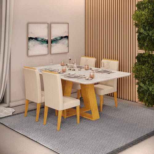 Conjunto Sala de Jantar 4 Cadeiras Tampo Sem Vidro 170x90 DJ Móveis Kiara Cedro Quartzo Yasmin Linho Neve