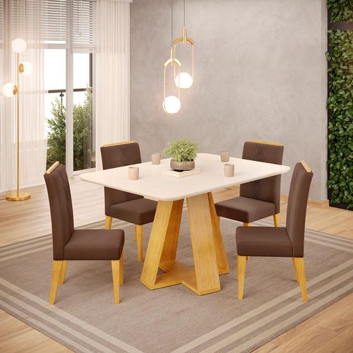 Conjunto Sala de Jantar 4 Cadeiras Tampo de Vidro DJ Móveis Kiara Cedro Yasmin Veludo Moca