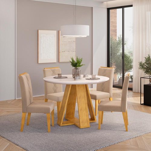 Conjunto Sala de Jantar 4 Cadeiras Tampo Redondo DJ Móveis Kiara Cedro Yasmin Veludo Kraft