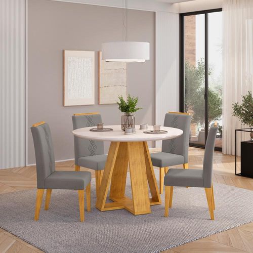 Conjunto Sala de Jantar 4 Cadeiras Tampo Redondo DJ Móveis Kiara Cedro Yasmin Veludo Lunar