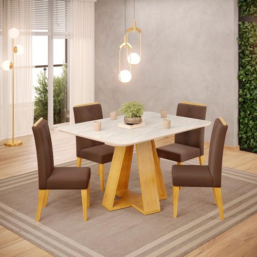 Conjunto Sala de Jantar 4 Cadeiras Tampo Sem Vidro DJ Móveis Kiara Cedro Quartzo Yasmin Veludo Moca