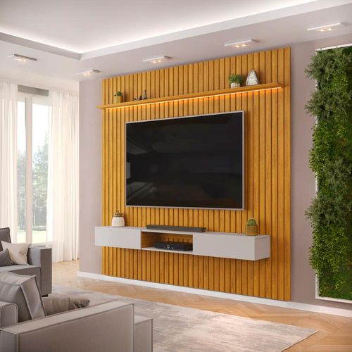 Painel com Bancada para TV até 75 Polegadas Ripado com LED DJ Móveis Trento 250 Cedro Bali